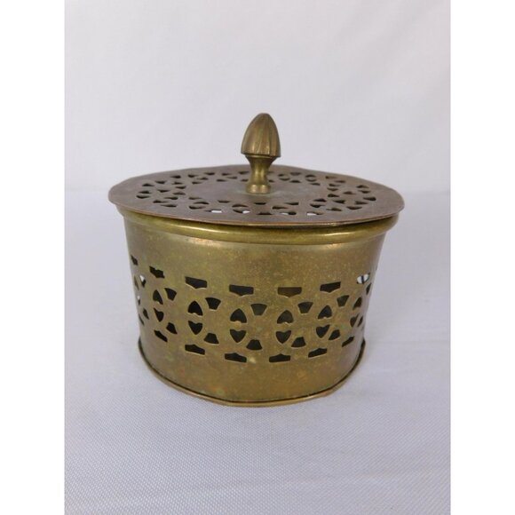 Other - Vintage Brass Pierced Round Candle Holder Lidded Patina Made In India Decor
